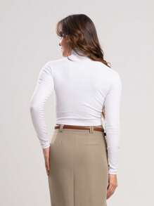 Kit 3 Ribbed Cropped Tops High Neck Long Sleeve Women's Fashion Elegant Foreign Woman - WHITE, GREEN aND BLACK - View 10