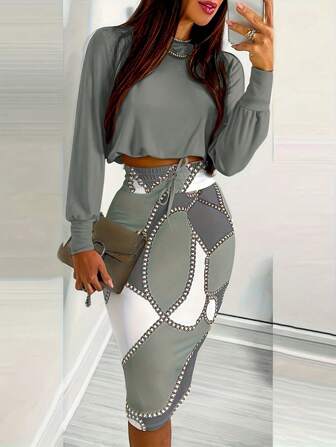 ChicMe Långärmad solid topptryckt kontrast midikjol Slim Fit Elegant Casual tvådelad set