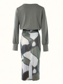 ChicMe Long Sleeve Solid Top Printed Contrast Midi Skirt Slim Fit Elegant Casual Two Pieces Set