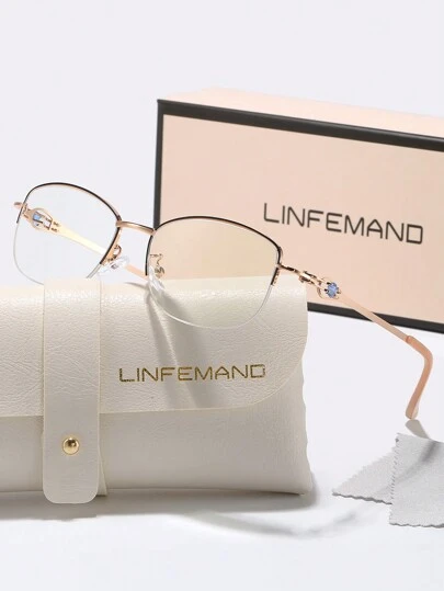 LINFEMAND Gafas elegantes y vintage con diseño de cristales azules, con montura ligera de media montura. Gafas para mujeres de +1.0 a +4.0. Accesorios de regalo navideño para mujeres