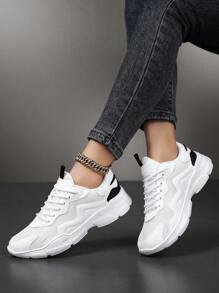 女士休闲运动鞋，多功能透气网面皮革拼接跑步鞋，轻便时尚个性休闲运动鞋，适合女学生户外聚会，洛丽塔风格舒适步行鞋，四季皆宜 - 白色 - 查看 3