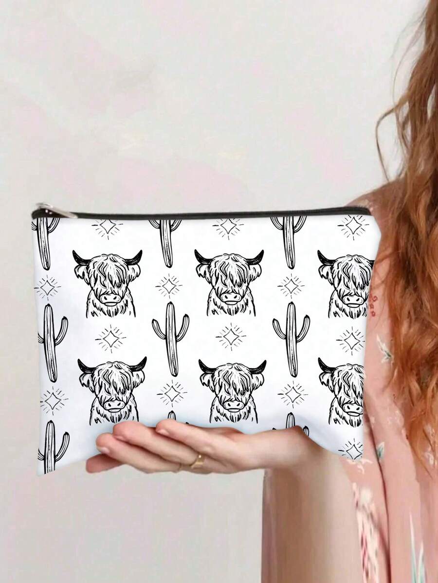 西式化妆包，奶牛印花化妆包，女牛仔礼物，女牛仔配饰，西式礼物，女牛仔礼物，白色旅行学校学校用品旅行必需品袋化妆包节日必需品节日返校化妆包化妆包美容返校化妆收纳盒化妆品收纳盒化妆品收纳 - 黑與白 - 查看 1