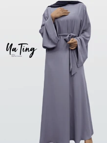 1 件全新纯色头巾优雅高端舒适长袍配腰带，适合日常穿着和聚会（Abaya） - 彩色 - 查看 17