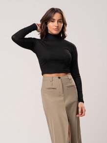 Kit 3 Ribbed Cropped Tops High Neck Long Sleeve Women's Fashion Elegant Foreign Woman - WHITE, GREEN aND BLACK - View 3