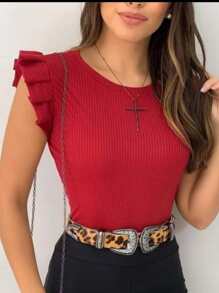 Blusa Feminina Girassol Canelado Manga Redondo Babados Blogueira Tendencia Moda - Vermelho - Visão 3