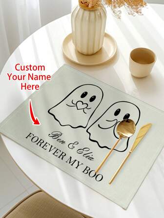 1 pieza Individuales personalizados con patrón de fantasma de Halloween con texto personalizado, decoración resistente al calor para mesa de cocina/comedor