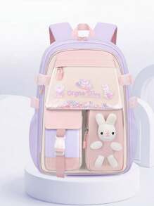 防水、輕巧、便攜式拼色經典背包卡通兔子圖案釋放扣裝飾學生書包適合研究生、青少年女孩、新生、大二、初中和高中學生、大學和高中，非常適合戶外、旅行和返校可愛背包兔子背包卡哇伊背包防水筆電背包 - 紫色 - 查看 1