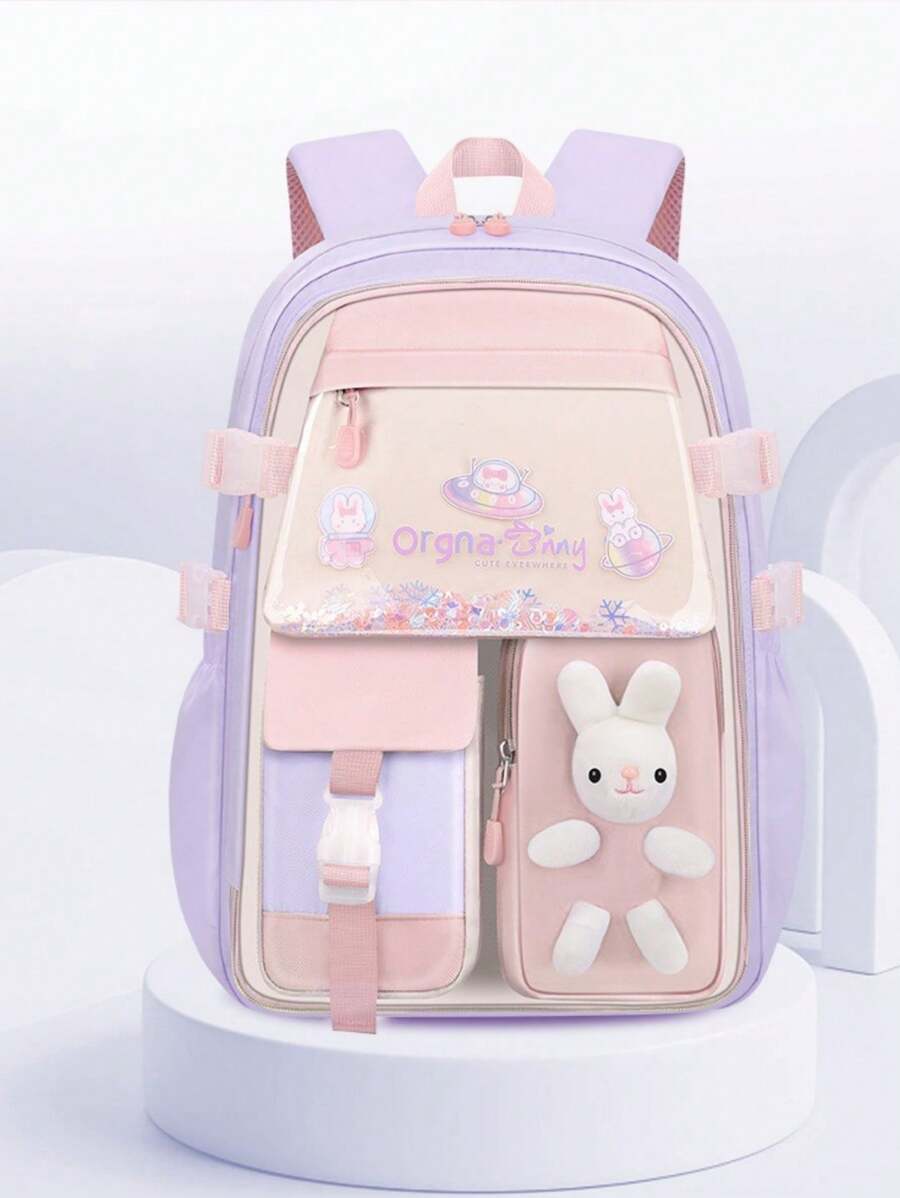 防水、輕巧、便攜式拼色經典背包卡通兔子圖案釋放扣裝飾學生書包適合研究生、青少年女孩、新生、大二、初中和高中學生、大學和高中，非常適合戶外、旅行和返校可愛背包兔子背包卡哇伊背包防水筆電背包 - 紫色 - 查看 1