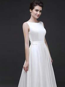 Long Satin Formal Dress, White Round Neck Backless Tie Prom Dress With Pockets, Wedding Event Dress Party Dress Wedding Guest Dress Evening Dress,Gown