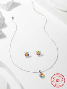 925er Sterlingsilber zarte und bunte Blumen Halskette, Ohrringe 3 Stücke Schmuckset für Kinder, Geschenke für den Alltag und Feiertage