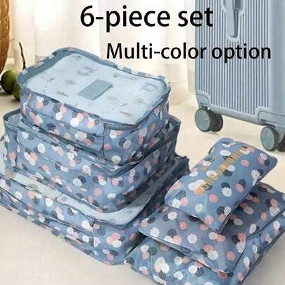 6件套旅行收纳袋：化妆包、洗漱包、多功能收纳包、行李包、旅行洗漱包、防水洗漱包、鞋袋、收纳袋。适用于口红、唇线笔、化妆刷、眼影盘、内衣、牙膏、牙刷、化妆品、护肤品、眉笔、化妆海绵、梳子、指甲油、珠宝、香水、文具和电子产品。夏季假期浴室装饰 化妆品收纳 浴室配件 返校季