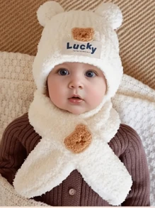 2pcs/Set Kids Warm Winter Knit Lucky Bear Beanie Hat And Scarf Set, For Boys And Girls