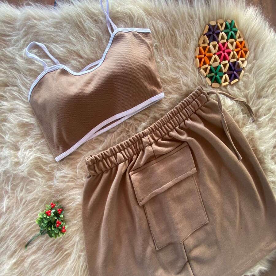 Ana Maria Set - Cargo Skirt + Two-Tone Cropped Top With Thin Straps And Cup | Modern And Beautiful - 鏽棕色 - 查看 1