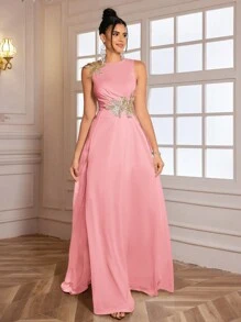 Elegant 3D Floral High-Slit Evening Dress,Wedding Event Dress, Formal Gown, For Wedding Guest, Graduation, Dinner - Pink - View 5