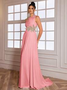 Elegant 3D Floral High-Slit Evening Dress,Wedding Event Dress, Formal Gown, For Wedding Guest, Graduation, Dinner - Pink - View 6