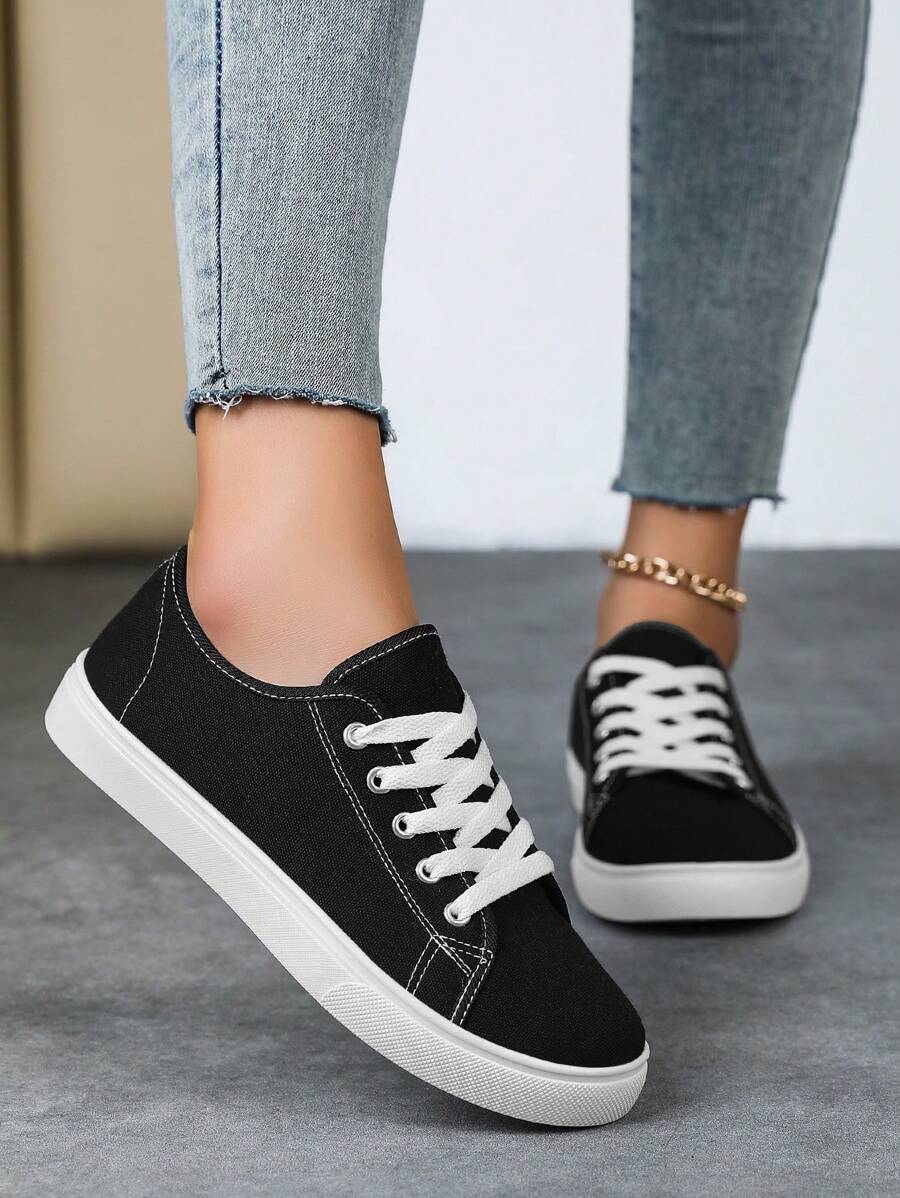Zapatillas de lona transpirables de unicolor para mujer, zapatos planos clásicos, zapatillas casuales de deporte de caña baja