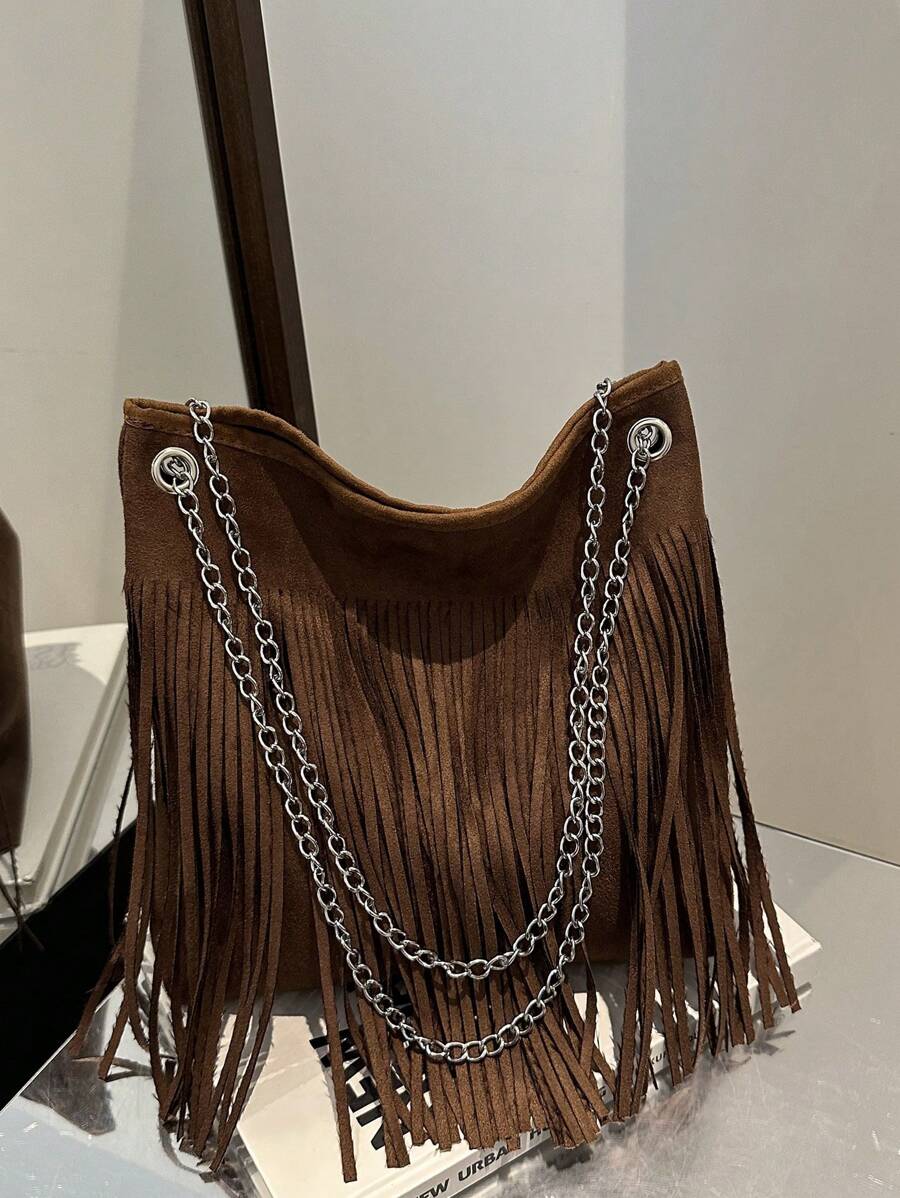 Túi Tote Dung Tích Lớn Phong Cách Bohemian Túi Đeo Vai Đa Năng Có Tua Rua Thời Trang Túi Xách Nữ - Cà phê nâu - Xem 1