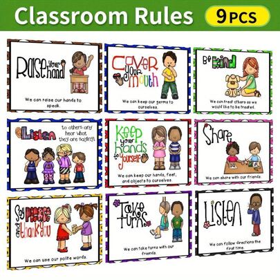 Lachilly 9-Pack Classroom Rules Wall Posters A4 - Positive Behavior Visual Aids For Kids, Teacher Decorations, Polite Words Take Turns Share, School & Homeschool Learning Charts