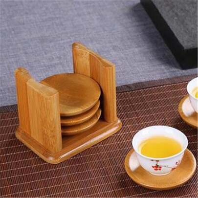 6pcs/1set Japanese-Style Bamboo And Wood Heat-Insulating Coaster Plus 1 Iron Stand, Solid Wood Tea Coaster Home Round Tea Tray Heat-Insulating