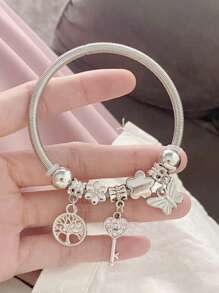 1個裝蝴蝶、鑰匙、植物和樹設計手環,適合女性日常佩戴 - 銀色 - 查看 14