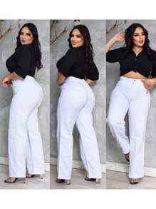 Women's Wide Leg Premium Jeans Wide Leg High Waist 100% Cotton - trắng - Xem 2