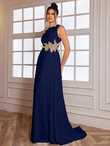 女士优雅高开叉花卉刺绣晚礼服、正式舞会礼服、婚礼宾客礼服、毕业礼服、晚宴礼服 - 藏蓝色 - 查看 6