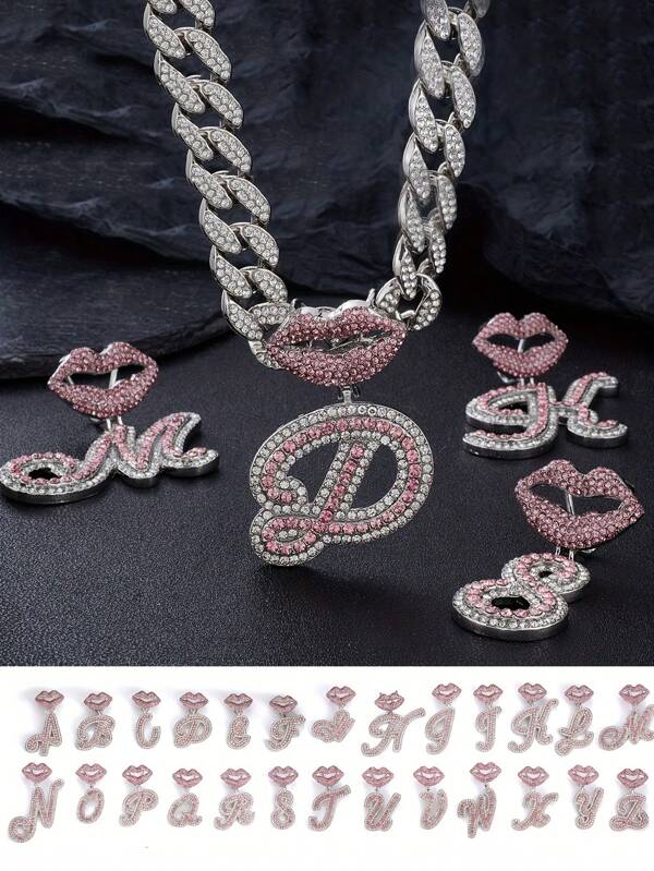 CVNANA 1pc Shiny Sexy Pink Lip 26 English Letter Pendant Necklace With Iced Chain For Men And Women, Hip Hop Charm Choker Necklace