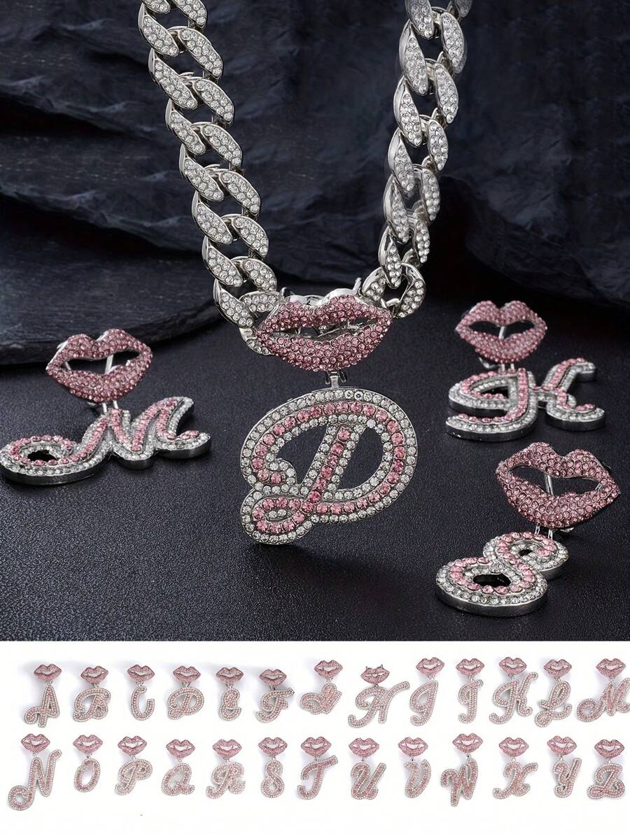 CVNANA 1 Stück Glänzende Sexy Rosa Lippe 26 Englische Buchstaben-anhänger-halskette Mit Eiskette Für Männer Und Frauen, Hip-hop-charm-halskette - silberrosa - Übersicht 1