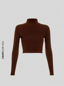 Kit 3 Ribbed Cropped Tops High Neck Long Sleeve Women's Fashion Elegant Foreign Woman - Brown, Wine and Nude - View 2