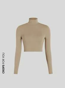 Kit 3 Ribbed Cropped Tops High Neck Long Sleeve Women's Fashion Elegant Foreign Woman - Brown, Wine and Nude - View 8