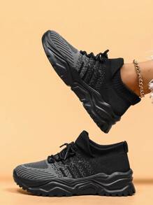 Women's Breathable Round Toe Slip-On Cushion Sneakers, Ladies' Casual Knitted Shoes - 黑色 - 查看 2