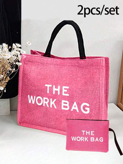 Kreatywna torebka lniana THE WOEK BAG z nadrukiem w kształcie róży w kolorze czerwonym, torba na zakupy z klockami w kolorze czerwonym w kolorze róży, prezent z podziękowaniem dla nauczyciela, damska lniana torebka o dużej pojemności.