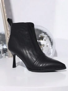 女式秋冬尖头细跟侧拉链弹力踝靴 - 黑色 - 查看 1