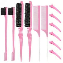12 件套发型刷套装，尼龙梳理发刷双面发边刷鼠尾梳，蓬松发型设计工具带发夹-粉色 - 粉色 - 查看 1
