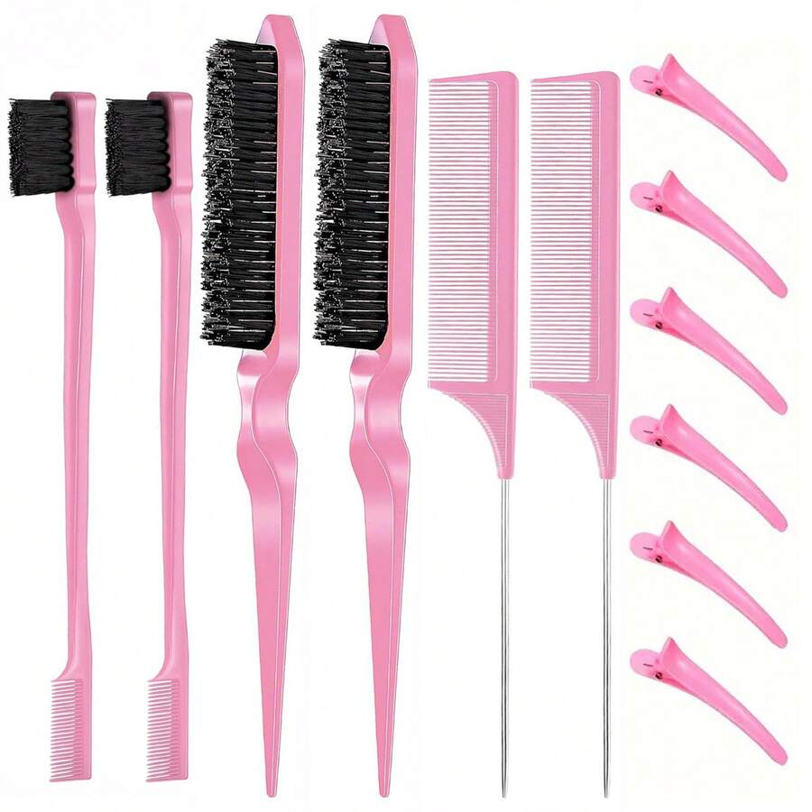 12 件套发型刷套装，尼龙梳理发刷双面发边刷鼠尾梳，蓬松发型设计工具带发夹-粉色 - 粉色 - 查看 1