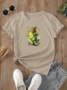 Women's T-Shirt With Lemon In A Jar Print - Màu be nhạt - Xem 1