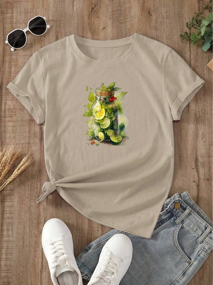 Women's T-Shirt With Lemon In A Jar Print - Màu be nhạt - Xem 1