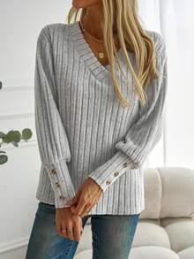 女士优雅 V 领粗针织长袖衬衫 - 灰色 - 查看 5