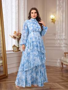 Plus Size Women's Spring & Summer Tie-Dye Print Stand Collar Lantern Sleeve Ruffle Hem Dress Vacation - Blue - View 5