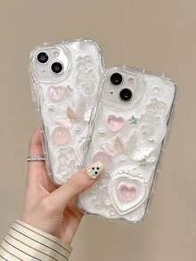 Junk Case Apple Phone Case Featuring Curved Edges, Cream Paint, Pink Heart & Butterfly Design, Shockproof