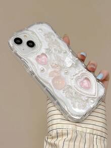 Junk Case Apple Phone Case Featuring Curved Edges, Cream Paint, Pink Heart & Butterfly Design, Shockproof