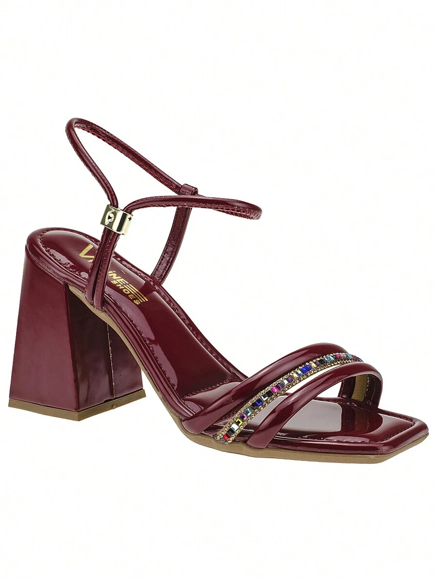 New Patent Leather Block High Heel Sandal With Rhinestone Strap Vitrine Shoes - Gỗ đỏ - Xem 1