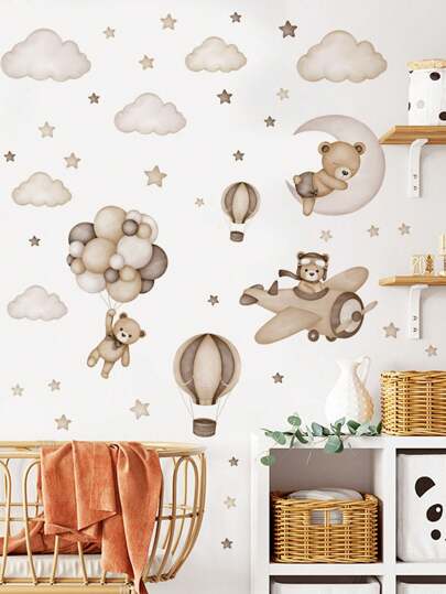 mama look قطعة واحدة/قطعتان/6 قطع ملصقات جدارية كرتونية جميلة بشكل دب أرنب بالونات سحابة قمر نجوم، ديكور جداري للغرفة النوم وغرفة المعيشة والمكتب، ملصقات ذاتية اللصق قابلة للإزالة من مادة البي في سي، ملصقات ديكور منزلي، عناصر ديكور للربيع لتجديد منزلك
