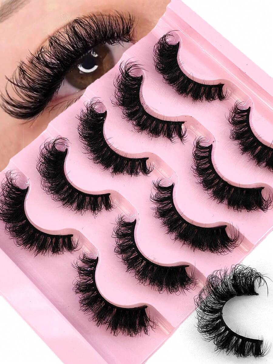 5 Pairs/Pack Natural Fluffy Faux Mink Lashes, Charming Messy Lashes, 8D Lengthening & Volumizing Lashes, Fox Eye Lifting Makeup Effect, Full Strip Lashes, Eyelash Extensions - Black - View 1