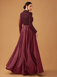 YISIKADO Women's Formal Evening Gown, Elegant Sequined Satin Stand Collar Long Sleeve Dress, Prom Dress, For Wedding Guest, Graduation, Dinner Party Dress - 酒紅色 - 查看 2