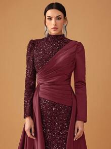 YISIKADO Women's Formal Evening Gown, Elegant Sequined Satin Stand Collar Long Sleeve Dress, Prom Dress, For Wedding Guest, Graduation, Dinner Party Dress - 酒紅色 - 查看 6