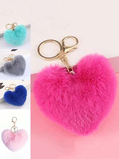 女士大号心形绒球钥匙扣合金龙虾扣纯色毛绒球钥匙扣汽车包挂件时尚礼物钥匙圈情人节汽车配件包饰背包适合学校可爱哥特 Y2K
