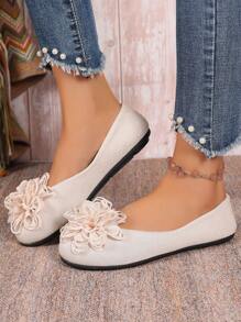 Cross-Border Plus Size Fashion Rosa e Peônia Floral Estampado Casual Sapatos Baixos Verdes Para Mulheres, Design Confortável Versátil Adequado Para Primavera, Outono, Inverno - Damasco - Ver 3