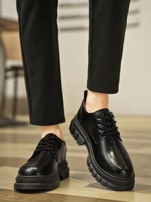 男士皮鞋，小众英伦休闲男鞋，厚底高帮黑色大头德比休闲复古正装黑色宽脚潮流鞋 - 黑色 - 查看 5