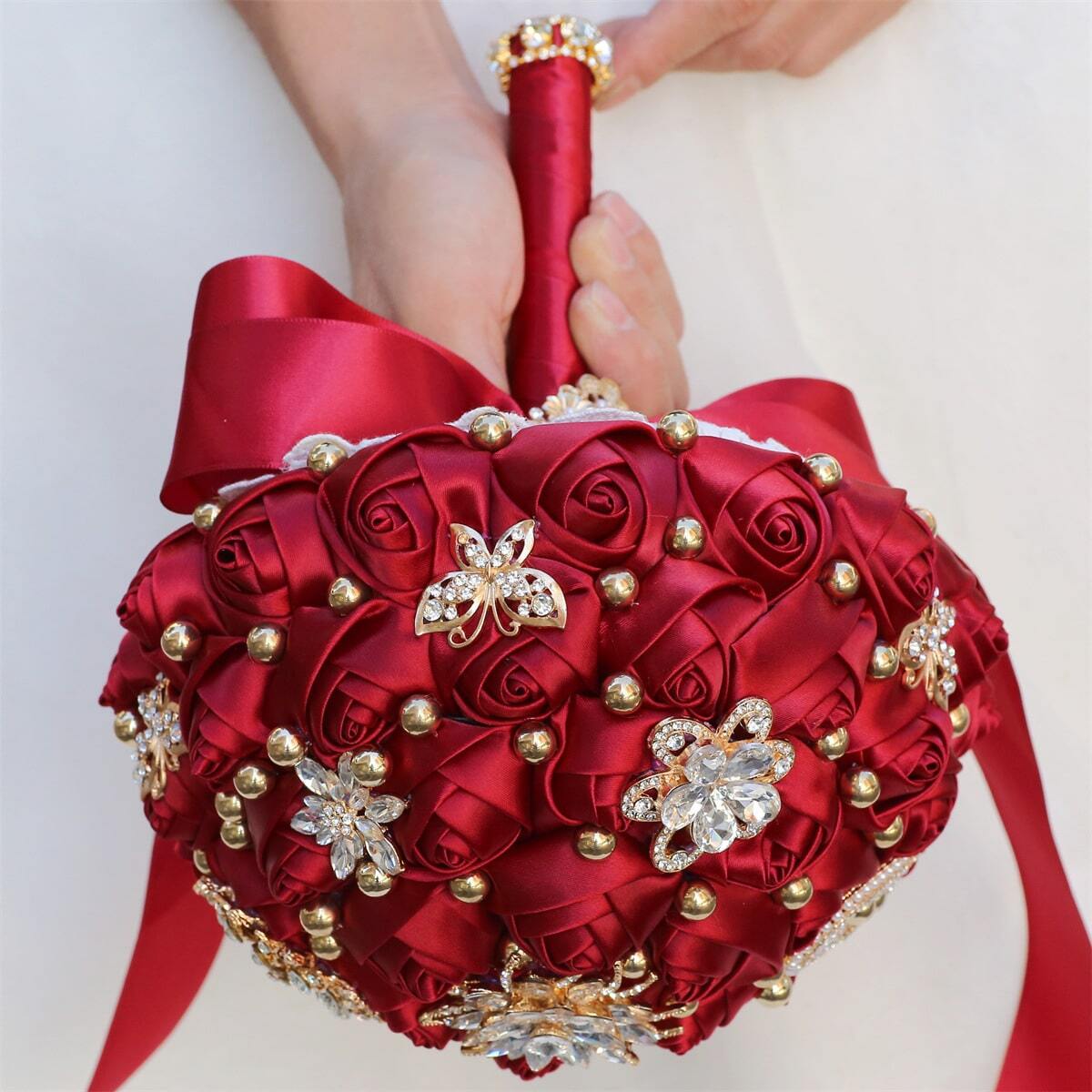 Large Luxury Heart Shaped Butterfly Pearl Bridal Bouquet, Gold